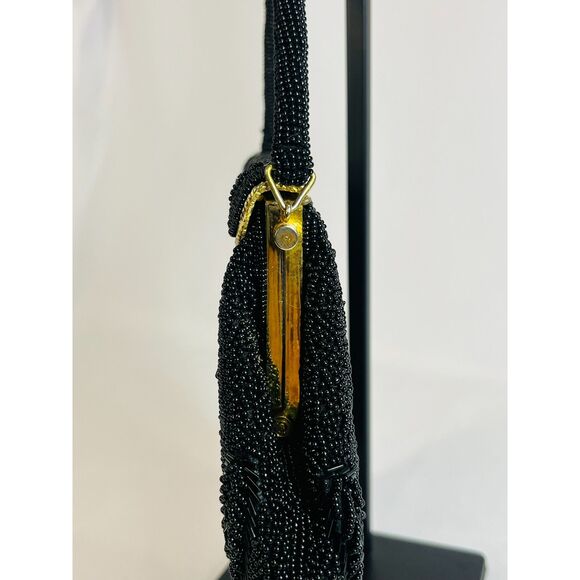Vintage Hand Beaded Evening Bag Black Leaf Gold Hong Kong Handbag - Picture 6 of 12